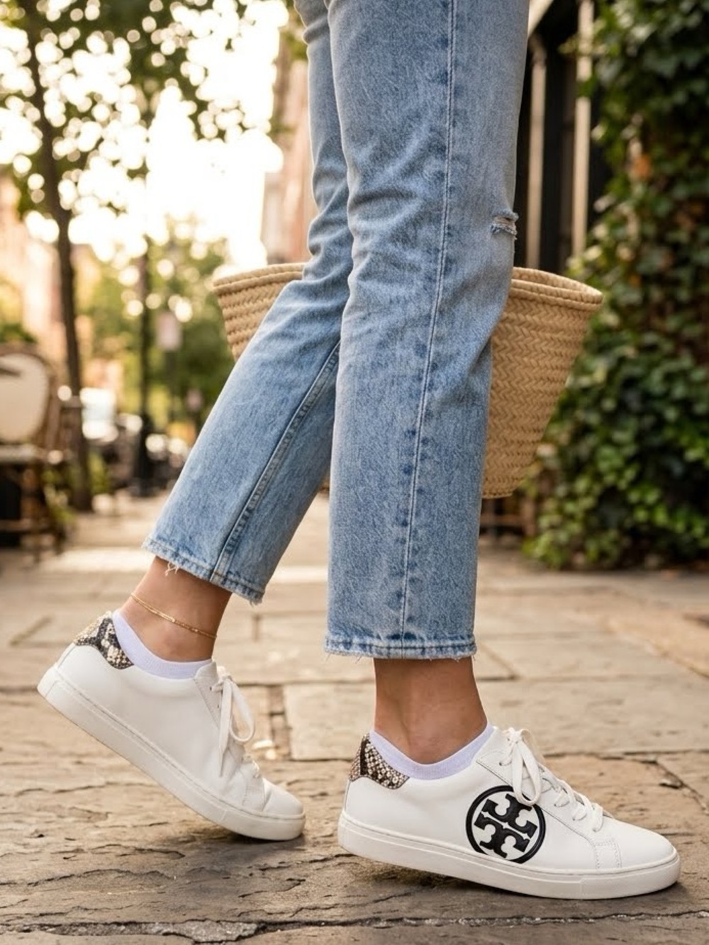 Tory Burch Leigh White Leather Sneakers with Black T Logo and Snake-Print Heel